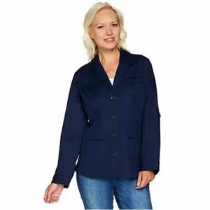 Isaac Mizrahi Live! Button Front Shawl Collar Utility Jacket Dark Navy 18W